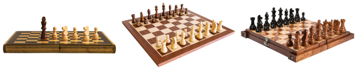 Three different wooden chess sets with pieces arranged on the boards, isolated on a white background. © HoangHiep