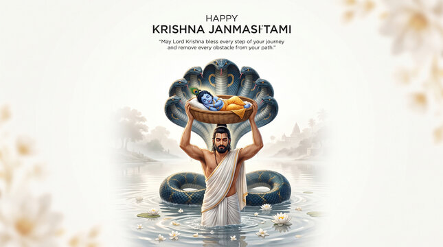 Vasudeva carrying baby krishna in a basket across the river yamuna, protected by the multi-headed serpent shesha naga, celebrating janmashtami festival