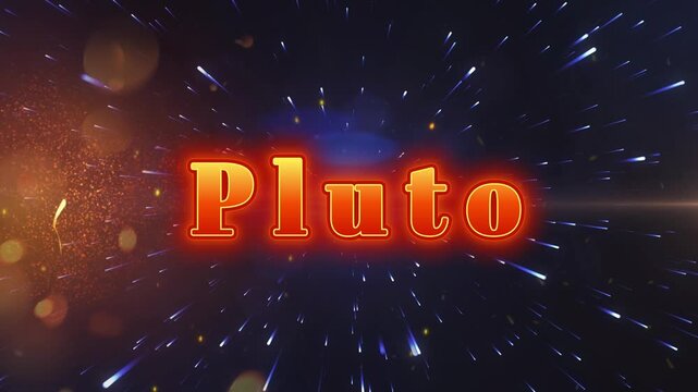 Fiery orange text pluto floating against dark deep space background with glowing blue light streaks with letters centered with perspective