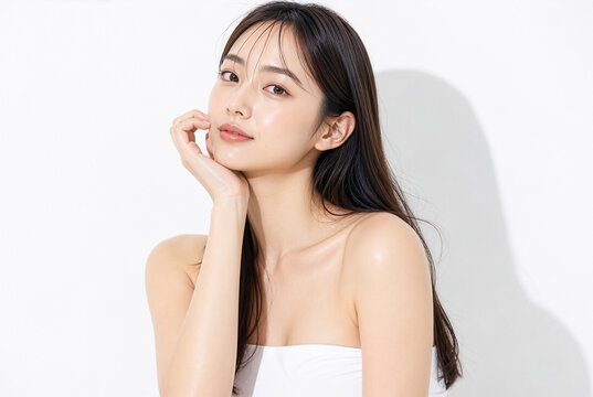 頬に手を添え透明感のある艶肌を見せる自然な表情の若い女性｜美容・美肌・スキンケアのイメージ