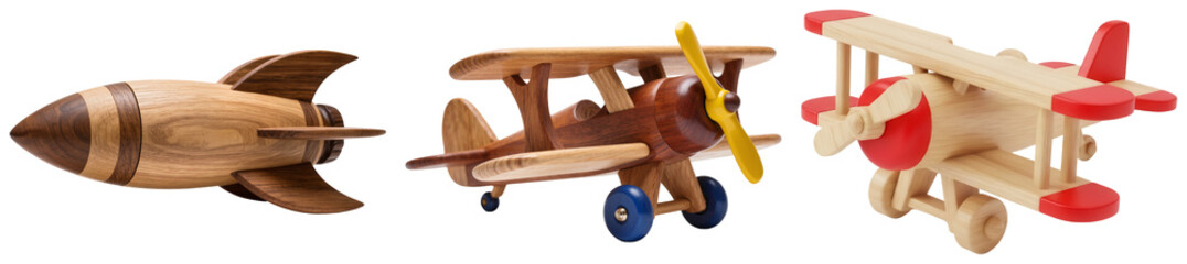 Three wooden toy vehicles: a rocket and two biplanes, isolated on a white background. © HoangHiep