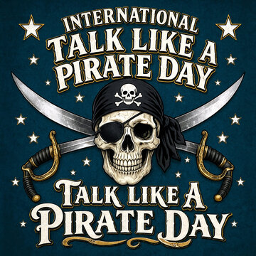 Vintage pirate skull with crossed swords and bandana for international talk like a pirate day celebration design