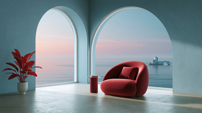 Luxury interior with arched windows overlooking calm ocean sunset and velvet red lounge chair.