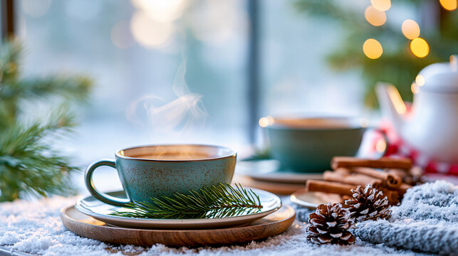 A steaming cup of coffee or tea sits on a wooden plate with pine sprigs and a snowy pinecone, evoking a cozy winter atmosphere.