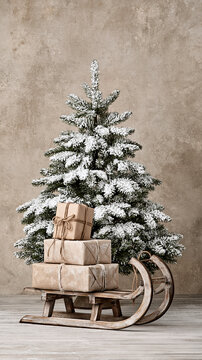 A small snow-covered Christmas tree stands behind a wooden sled carrying neatly wrapped brown paper gifts tied with string.