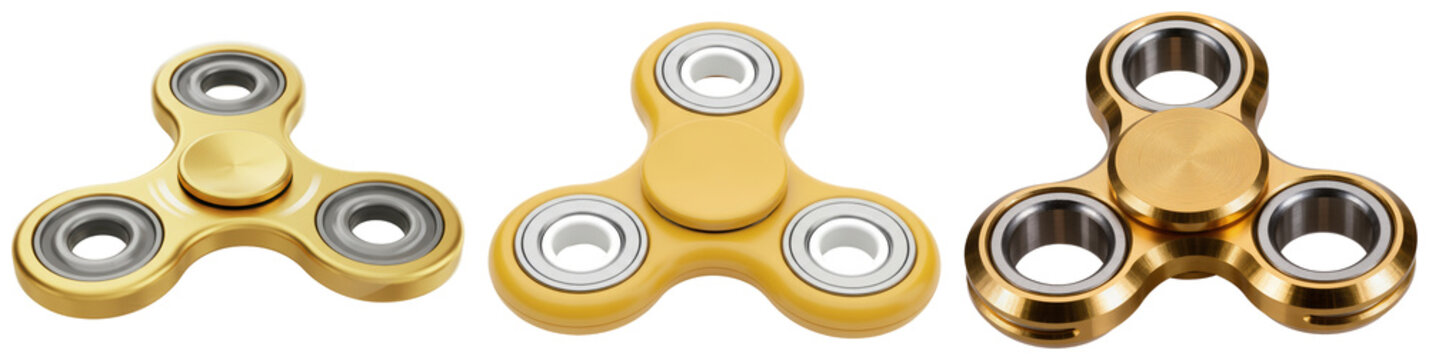 Three fidget spinners in different colors and materials, isolated on a white background