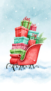 A red sleigh filled with colorful wrapped Christmas gifts sits on snow with falling snowflakes and a pine branch, evoking festive holiday cheer.