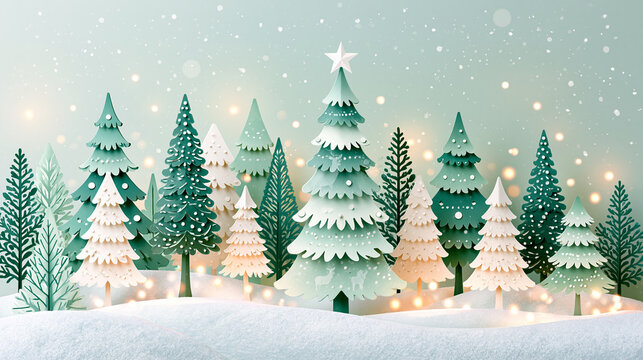 A whimsical winter scene featuring stylized evergreen trees with snow and glowing lights under a soft snowfall.