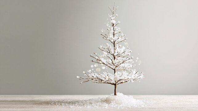 A minimalist white Christmas tree with delicate branches stands on a light surface against a neutral background, creating a serene and modern holiday atmosphere.