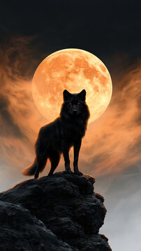 A black wolf stands majestically on a rocky cliff with a glowing full moon and fiery clouds in the background.