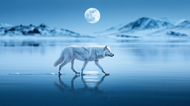 A lone white wolf walks across a frozen lake under a full moon with snowy mountains in the background, creating a serene and mystical winter scene.