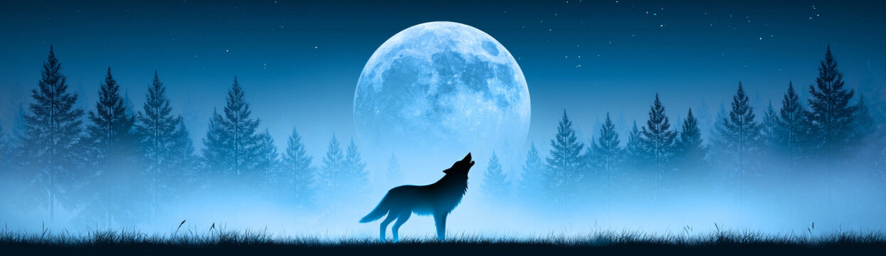 A lone wolf howls in a misty forest clearing under a bright full moon, framed by tall pine trees against a deep blue night sky.