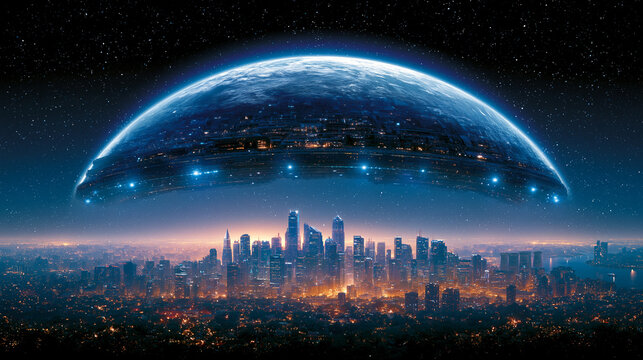 Massive futuristic mothership hovering over illuminated urban city skyline at night with starry sky.