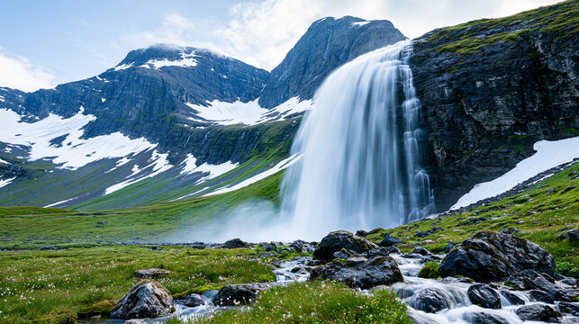 A majestic waterfall cascades down rocky cliffs into a clear stream, surrounded by lush green grass and towering snow-capped mountains under a bright sky.