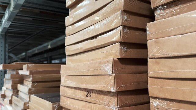 Flat Pack Cardboard Boxes Stacked on Warehouse Shelves Close Up