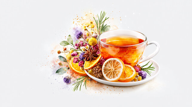 A cup of herbal tea surrounded by dried citrus slices and assorted herbs on a white background.