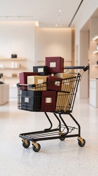 Shopping cart filled with colorful gift boxes in modern retail store interior