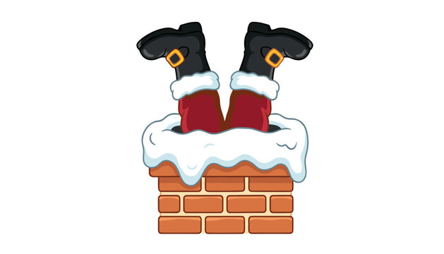 Funny Santa Claus legs stuck upside down in a snowy brick chimney, Christmas holiday vector illustration on white background