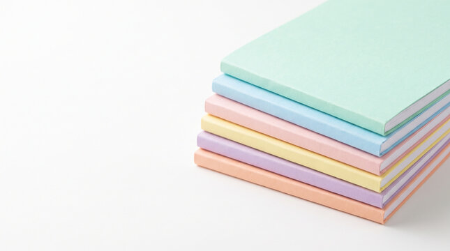 A neat stack of colorful pastel notebooks arranged in a clean diagonal composition on a white background for minimalist education, creative planning, and modern office stationery concepts