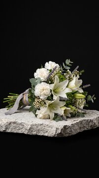 Elegant white flower bouquet with lilies carnations and greenery on stone slab