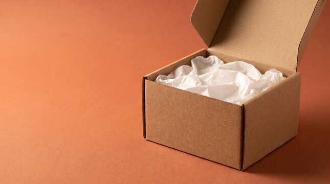 An open empty cardboard shipping box with white crumpled tissue paper inside set against a warm terracotta background for e-commerce delivery and retail product packaging concepts
