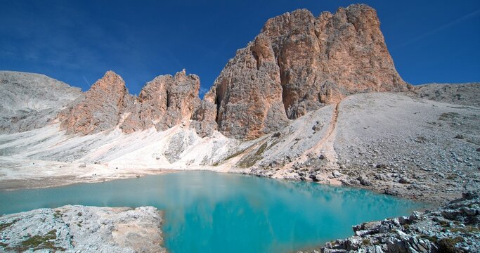  Fantastic lunar landscape on the Dolomite lake of Antermoia