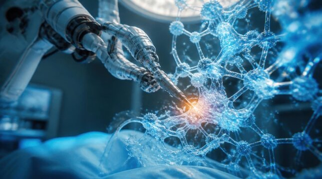A robotic surgical arm touches a glowing blue neural network structure, symbolizing medical advancement and neuroscience in a surgical setting.