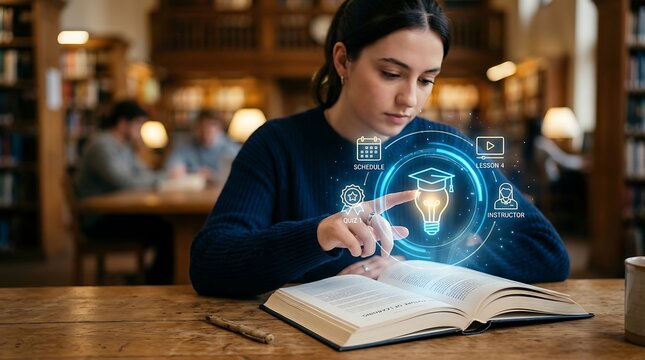 Student using digital education interface while reading a book