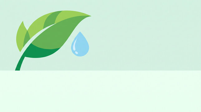 Minimalist vector illustration of a vibrant green leaf with a single blue water droplet against a soft pastel background representing eco-friendly concepts and sustainable nature themes
