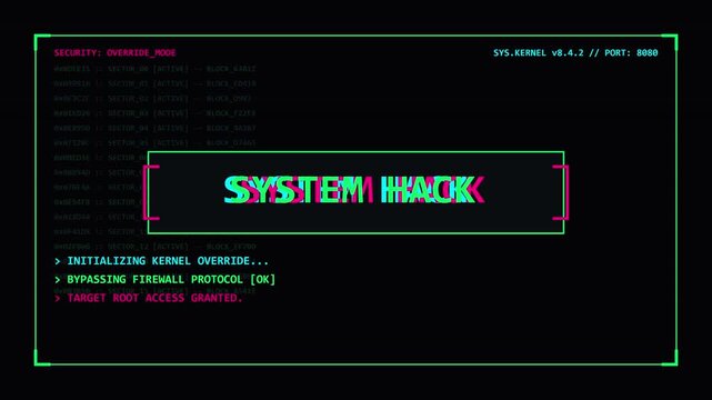Abstract Cyber Security Interface Displaying System Hack Message with Neon Terminal Text and Kernel Override Code for Technology and Cybercrime Concepts