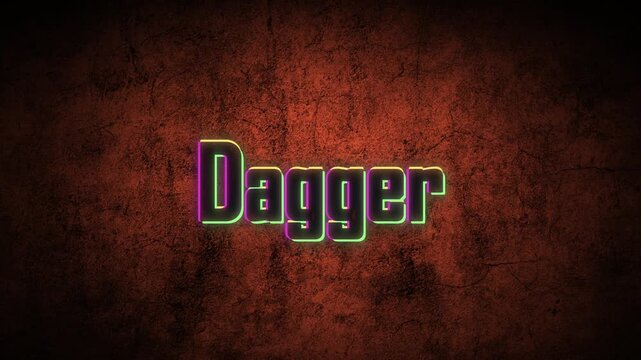 Animated dagger text typography appearing with neon glow effects against a dark grunge red background with dark textured distressed
