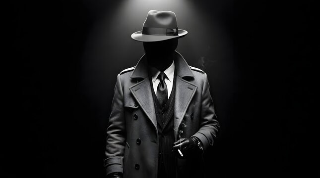 Mysterious figure in a fedora and trench coat illuminated by a spotlight against a dark background