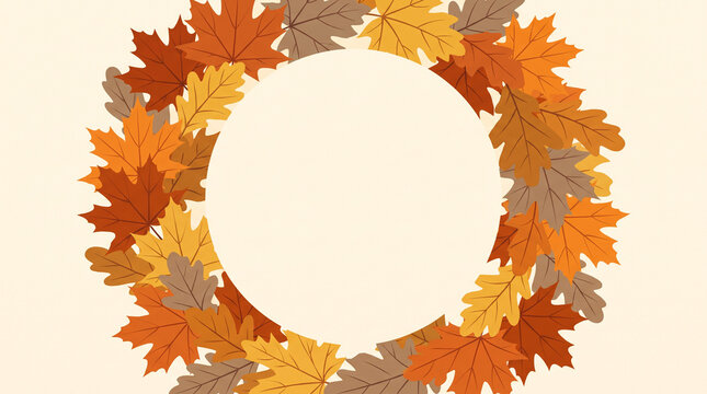 A beautiful circular wreath frame made of vibrant autumn maple and oak leaves in warm seasonal colors on a clean cream background for Thanksgiving invitations and fall marketing