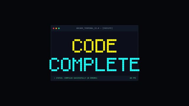 Minimalist Retro Arcade Command Line Terminal Interface with Successful Compilation Status on Black Background for Technology and Programming Concept