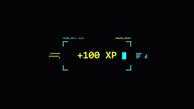 Retro 8-bit game screen with plus 100 XP. 4K Video