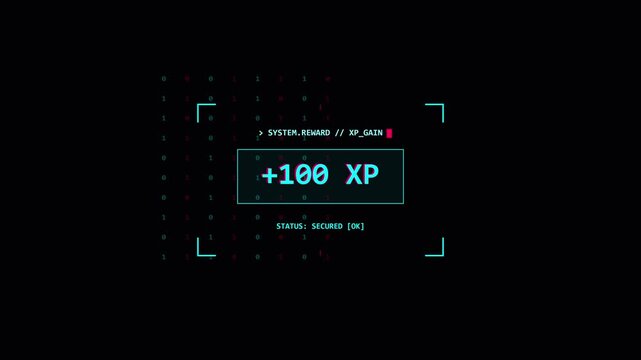 Retro 8-bit game screen with plus 100 XP. 4K Video