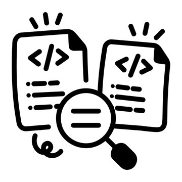 Hand drawn doodle icon of two code sheets with magnifier, with bold black outlines and simple details for a clear software development concept.