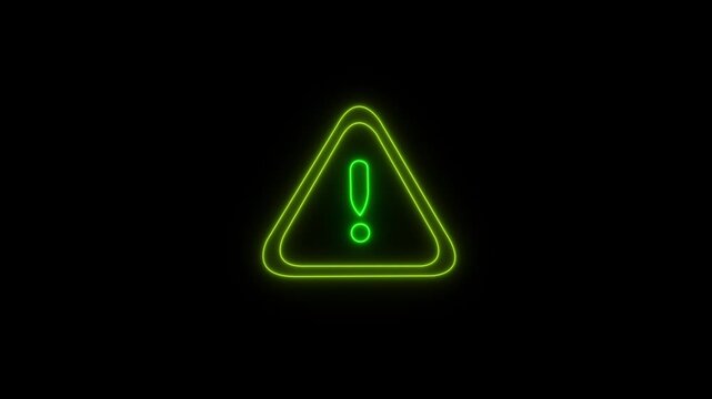 Glowing neon green warning sign animation on a deep black background, representing digital caution, system alerts, cybersecurity threats, technical error notifications, and industrial safety protocols