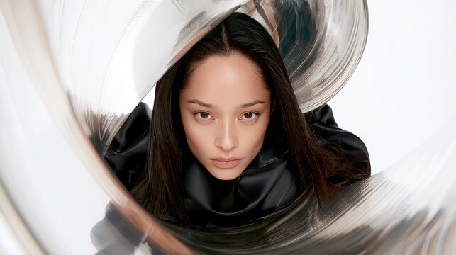 Futuristic Portrait of Woman in Black Attire Surrounded by Abstract Metallic Shapes
