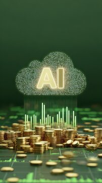 Artificial intelligence icon with cloud computing, financial trade graphs, and money coins for smart investment concept.