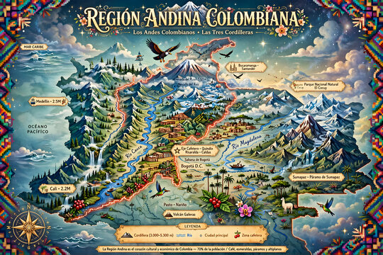 Illustrated Map of the Colombian Andean Region Featuring the Three Cordilleras, Major Rivers, and Cultural Landmarks