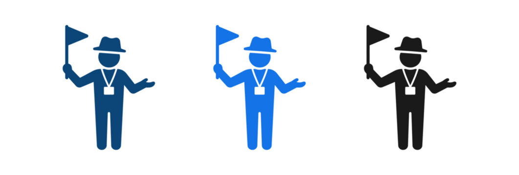 Tour guide icon set showing man with hat holding flag and wearing lanyard badge.