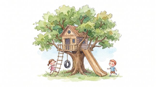 Cute Children Playing Around Wooden Tree House in Green Oak Tree Watercolor Style