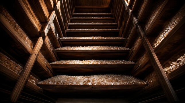 Looking down wooden stairs filled with white objects.