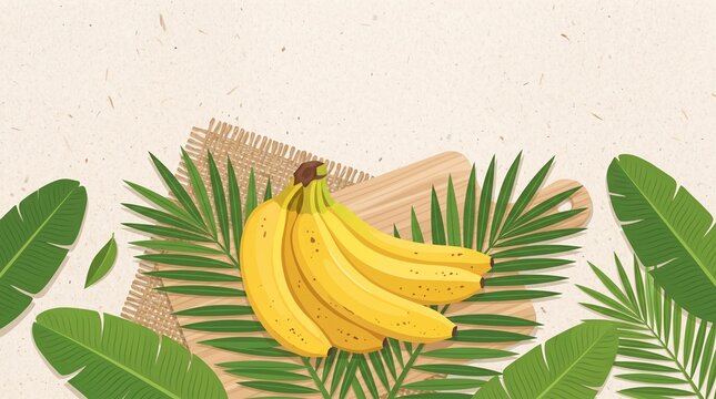 A vibrant vector composition of a fresh bunch of bananas on a wooden cutting board, surrounded by tropical leaves and burlap fabric on a textured background.