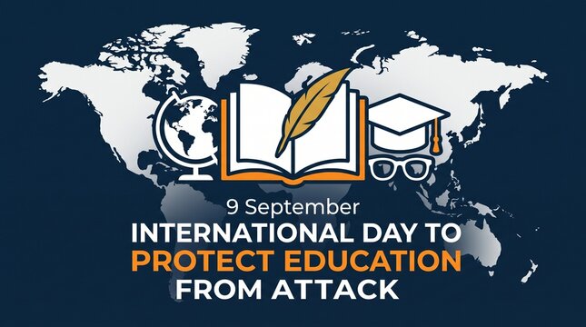 Educational symbols including an open book, globe, and graduation cap set against a dark world map for the ninth of September.