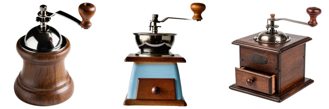 Three vintage manual coffee grinders with wooden bases and metal grinding mechanisms, isolated on white background