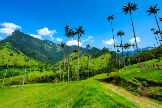 Towering Wax Palm Trees Rising Above the Lush Green Hills of Cocora Valley Under a Bright Blue Sky