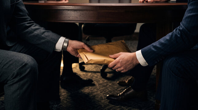Businessmen Secretly Exchanging Bribe Money in a Brown Envelope Under a Table