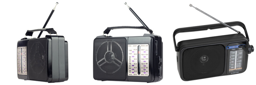 Three views of a black portable radio with an antenna and handle, isolated on a white background